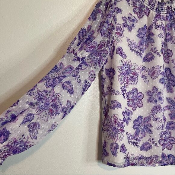 Loft Blouse Purple Floral Smocked Neck And Wrist Long Sleeve Size Small - Picture 3 of 8
